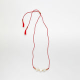 Silk red cord with pearl hearts